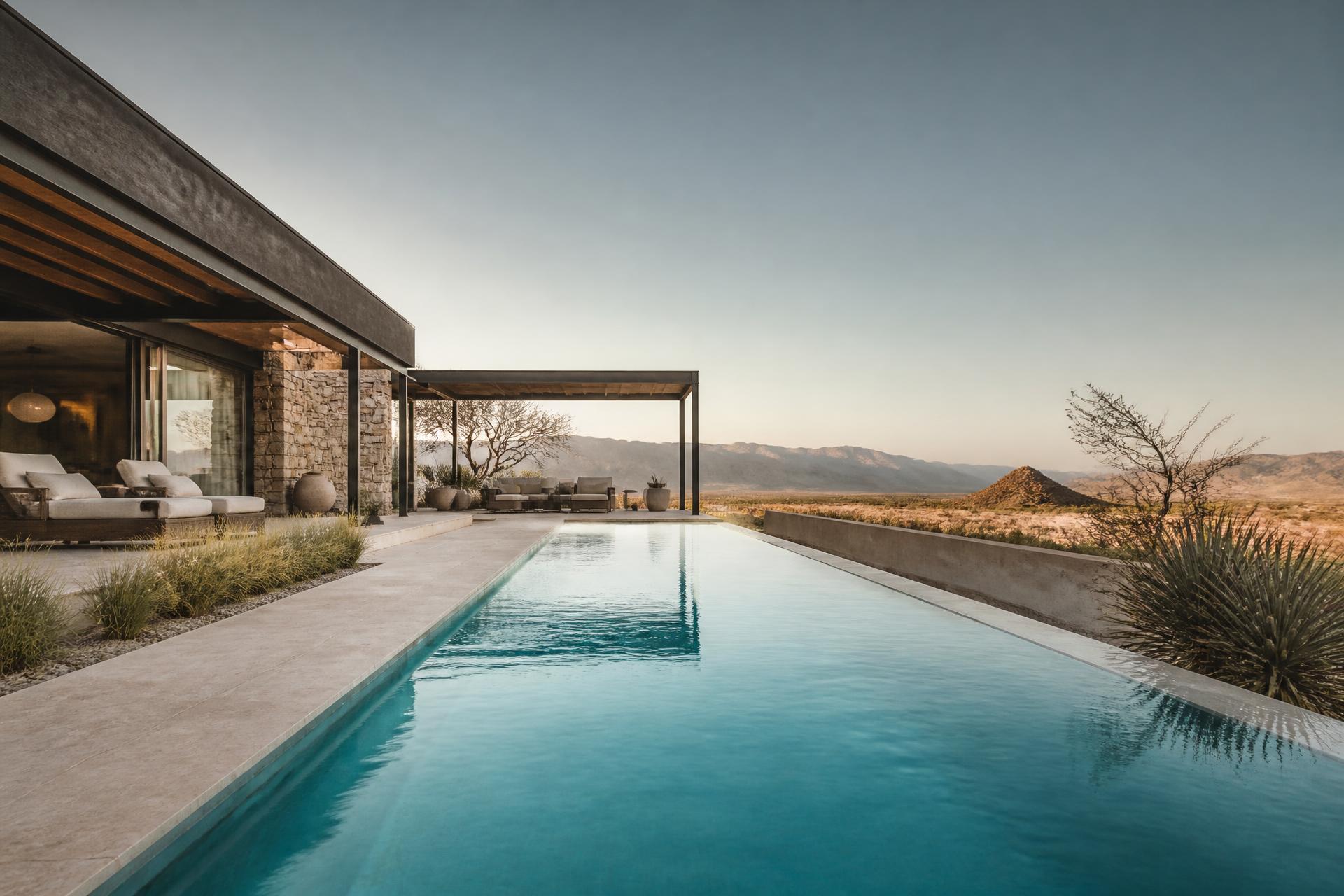 Immaculate turquoise swimming pool beside a modern private residence at dusk