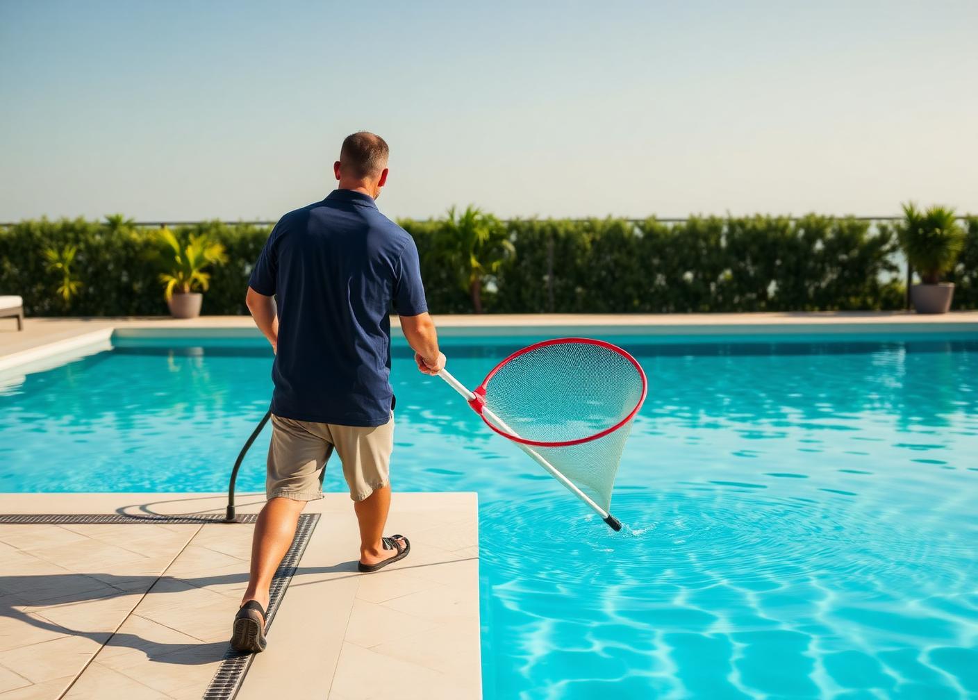 Pool cleaner skimming a clear turquoise pool with a leaf net